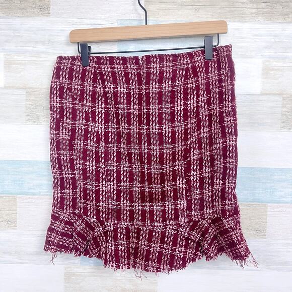 GUESS Vintage 90s Tweed Fringe Trumpet Skirt Red Pink Plaid Clueless Womens 28 - Picture 3 of 5